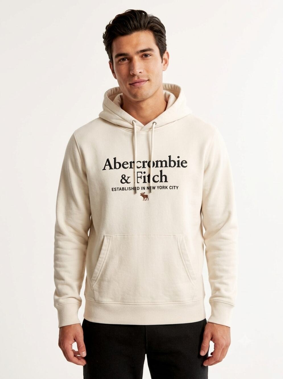 Abercrombie & Fitch Hoodie Mens S Cream Relaxed Soft A&F Fleece Graphic Pullover